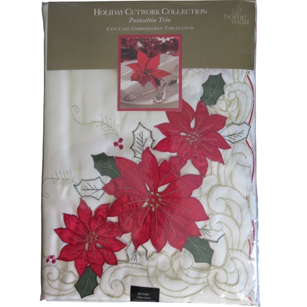 Home Wear Holiday Cutwork Poinsettia Trio Tablecloth‎ 60x84 Oblong Ivory Red NEW
